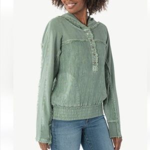 New! KUT S Sage Green Amelia Contrast Pullover Hoodie Ribbed Tattered